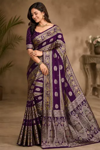 Plum Color Jaqurad Weaving Meenakari Bird And Peacocks Figure Strip Crepe Georgette Saree