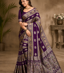 Plum Jaqurad Weaving Meenakari Bird And Peacocks Figure Strip Crepe georgettete Saree