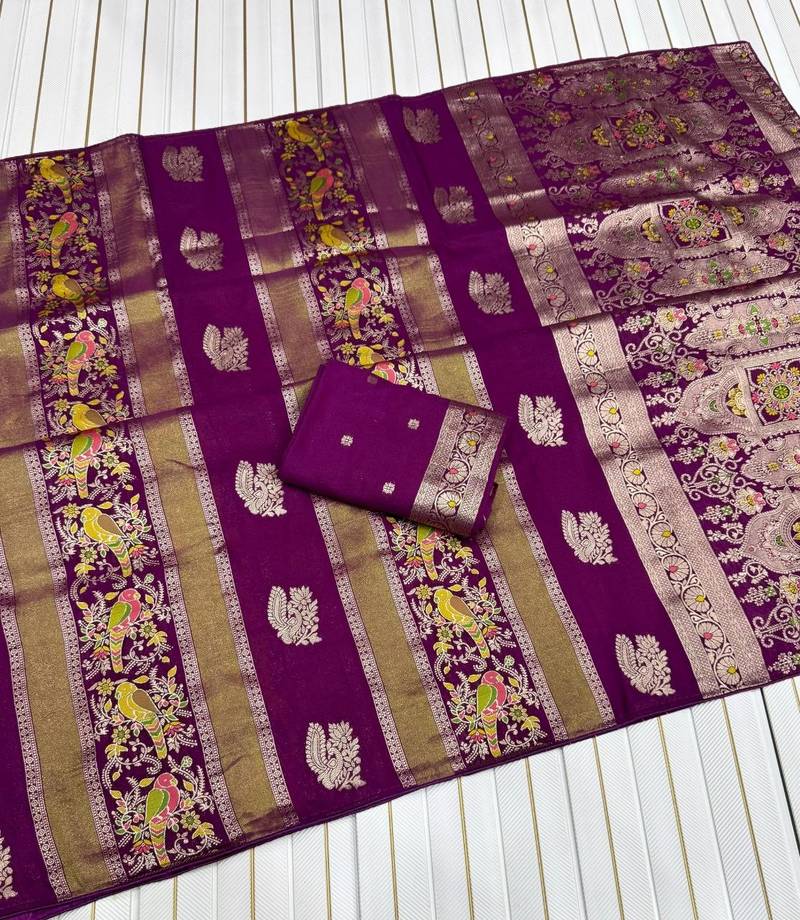 Plum Color Jaqurad Weaving Meenakari Bird And Peacocks Figure Strip Crepe Georgette Saree