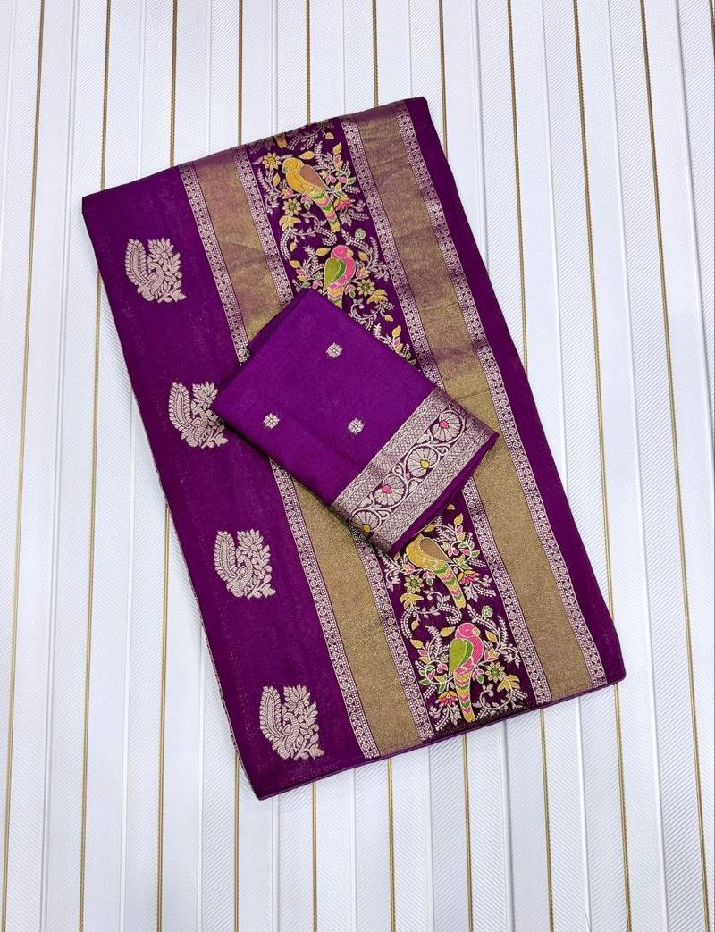 Plum Color Jaqurad Weaving Meenakari Bird And Peacocks Figure Strip Crepe Georgette Saree