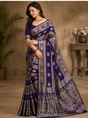 Purple Color Jaqurad Weaving Meenakari Bird And Peacocks Figure Strip Crepe Georgette Saree 1