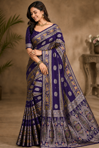 Purple Jaqurad Weaving Meenakari Bird And Peacocks Figure Strip Crepe georgettete Saree