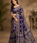 Purple Color Jaqurad Weaving Meenakari Bird And Peacocks Figure Strip Crepe Georgette Saree