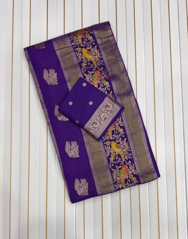 Purple Color Jaqurad Weaving Meenakari Bird And Peacocks Figure Strip Crepe Georgette Saree