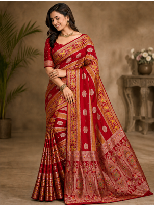 Red Color Jaqurad Weaving Meenakari Bird And Peacocks Figure Strip Crepe Georgette Saree 1