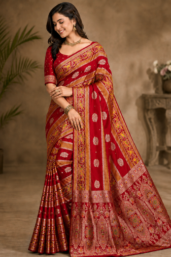 Red Jaqurad Weaving Meenakari Bird And Peacocks Figure Strip Crepe georgettete Saree