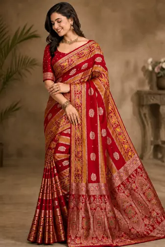 Red Color Jaqurad Weaving Meenakari Bird And Peacocks Figure Strip Crepe Georgette Saree