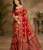Red Color Jaqurad Weaving Meenakari Bird And Peacocks Figure Strip Crepe Georgette Saree