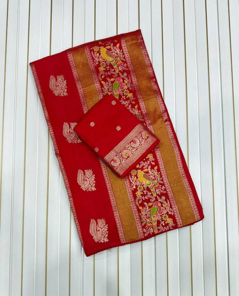 Red Color Jaqurad Weaving Meenakari Bird And Peacocks Figure Strip Crepe Georgette Saree