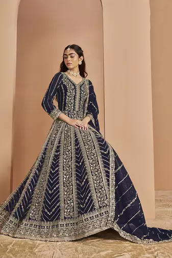 Embroidered navy blue faux georgette anarkali suit