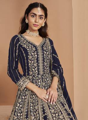 Embroidered navy blue faux georgette anarkali suit 4