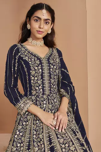 Embroidered navy blue faux georgette anarkali suit
