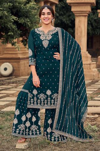 Teal color embroidered faux georgette salwar kameez