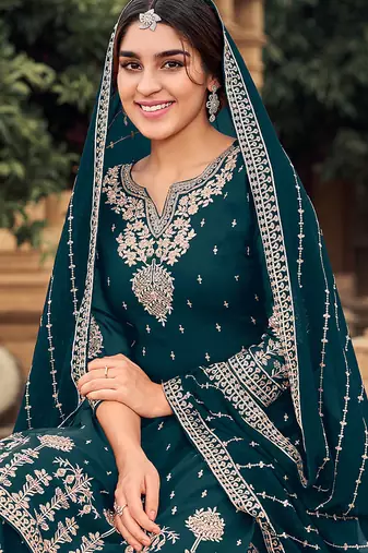 Teal color embroidered faux georgette salwar kameez