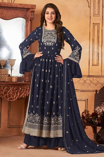 Navy blue embroidered faux georgette salwar kameez