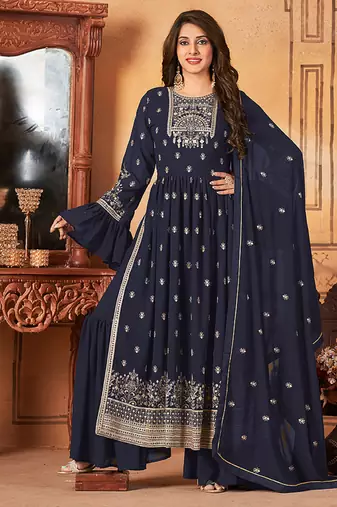 Navy blue embroidered faux georgette salwar kameez