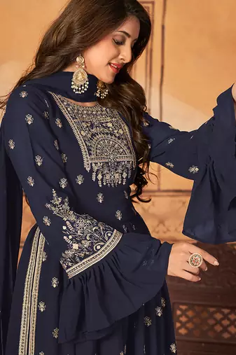 Navy blue embroidered faux georgette salwar kameez