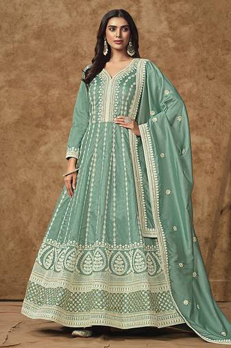 Aqua blue embroidered silk blend  gown