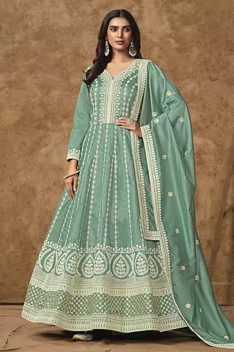 Aqua blue embroidered silk blend  gown