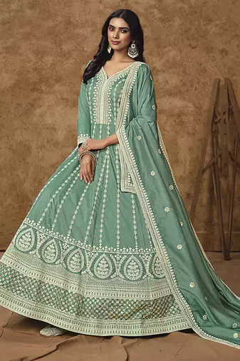 Aqua blue embroidered silk blend  gown