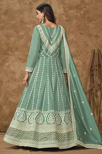 Aqua blue embroidered silk blend  gown