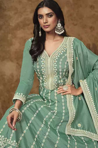 Aqua blue embroidered silk blend  gown