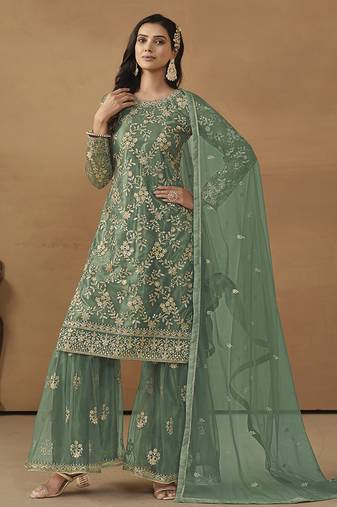 Sea green net fabric embroidered salwar kameez