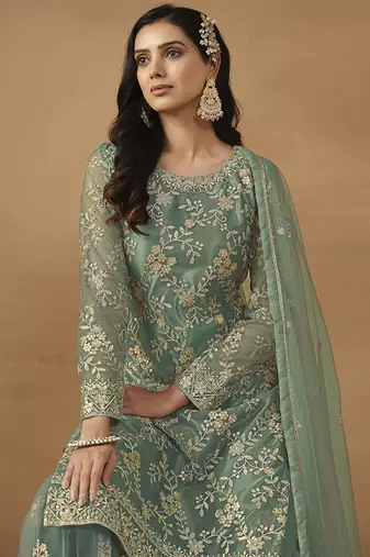 Sea green net fabric embroidered salwar kameez