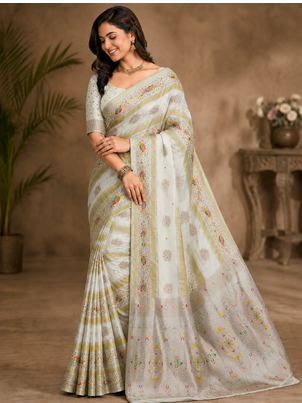 White Color Jaqurad Weaving Meenakari Bird And Peacocks Figure Strip Crepe Georgette Saree 1