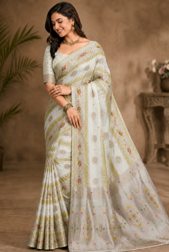 White Jaqurad Weaving Meenakari Bird And Peacocks Figure Strip Crepe georgettete Saree