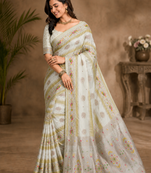 White Color Jaqurad Weaving Meenakari Bird And Peacocks Figure Strip Crepe Georgette Saree