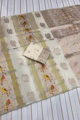 White Color Jaqurad Weaving Meenakari Bird And Peacocks Figure Strip Crepe Georgette Saree