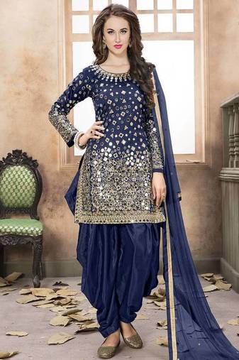 Navy blue embroidered taffeta salwar with dupatta