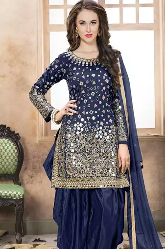 Navy blue embroidered taffeta salwar with dupatta