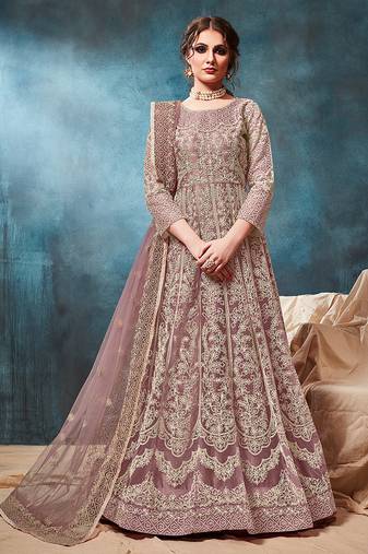 Net embroidered chikoo anarkali dress