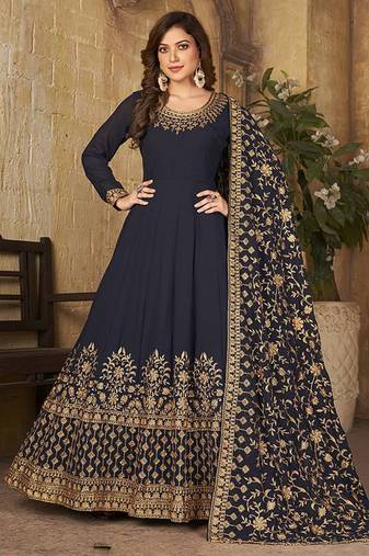 Navy blue embroidered faux georgette salwar kameez