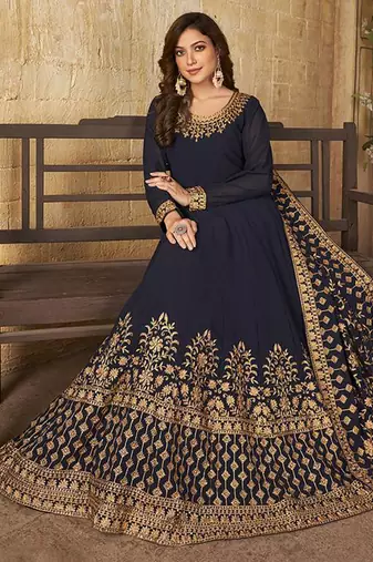 Navy blue embroidered faux georgette salwar kameez