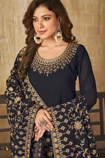 Navy blue embroidered faux georgette salwar kameez