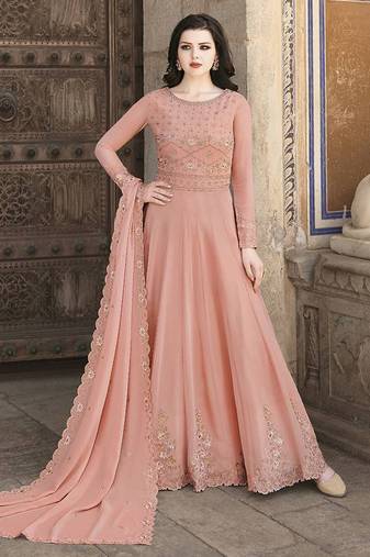 Dark peach crystals faux georgette salwar kameez