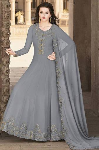 Dark grey crystals faux georgette salwar kameez