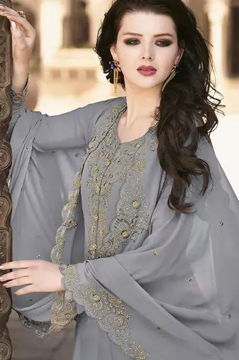 Dark grey crystals faux georgette salwar kameez