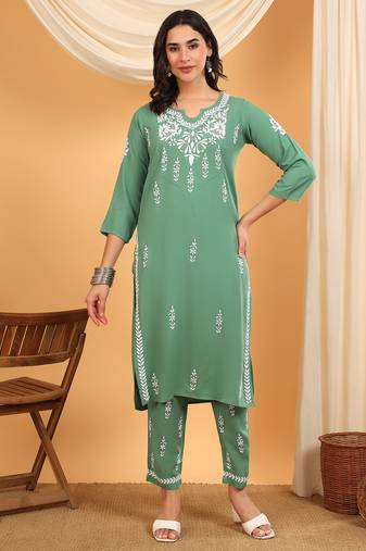 Women green ethnic motifs embroidered lucknowi chikankari rayon kurti & palazzo set