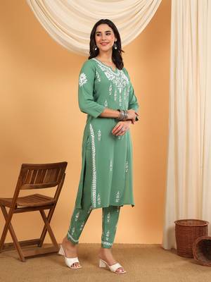 Women green ethnic motifs embroidered lucknowi chikankari rayon kurti & palazzo set 3