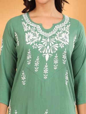 Women green ethnic motifs embroidered lucknowi chikankari rayon kurti & palazzo set 4