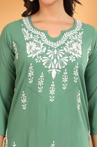 Women green ethnic motifs embroidered lucknowi chikankari rayon kurti & palazzo set