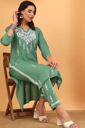 Women green ethnic motifs embroidered lucknowi chikankari rayon kurti & palazzo set