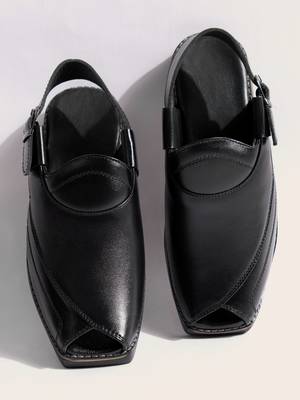 Vastramay men's black patent synthetic buckle ethnic shoes with brass-toned chunky embellishments 1