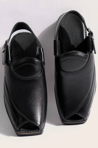Vastramay men's black patent synthetic buckle ethnic shoes with brass-toned chunky embellishments