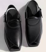 Vastramay men's black patent synthetic buckle ethnic shoes with brass-toned chunky embellishments