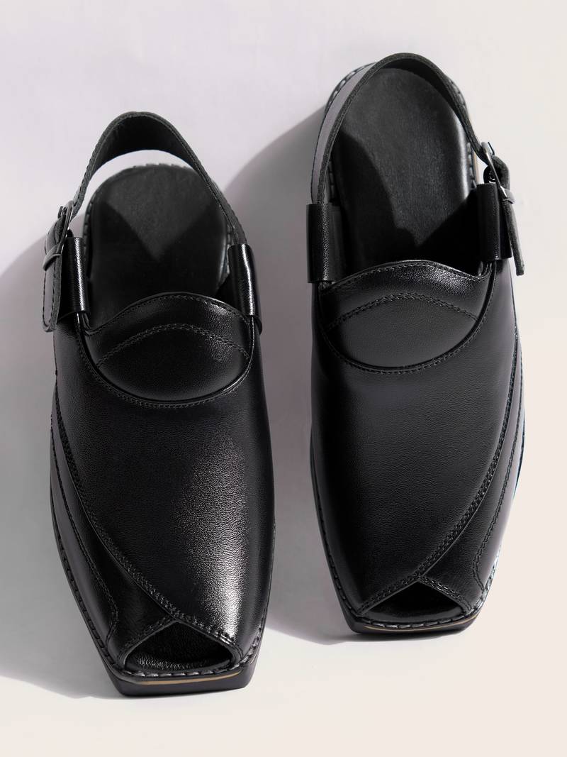 Vastramay men's black patent synthetic buckle ethnic shoes with brass-toned chunky embellishments